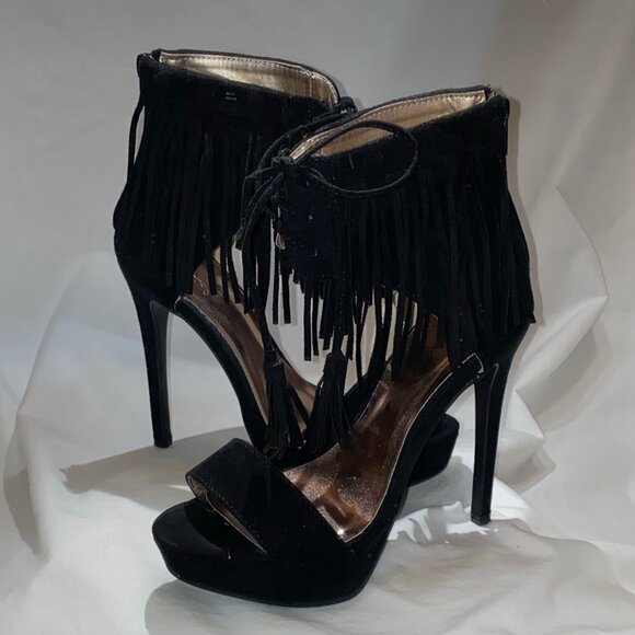 Size 5.5 Qupid Black Suede Stiletto With Fringe Cuff - Picture 1 of 16